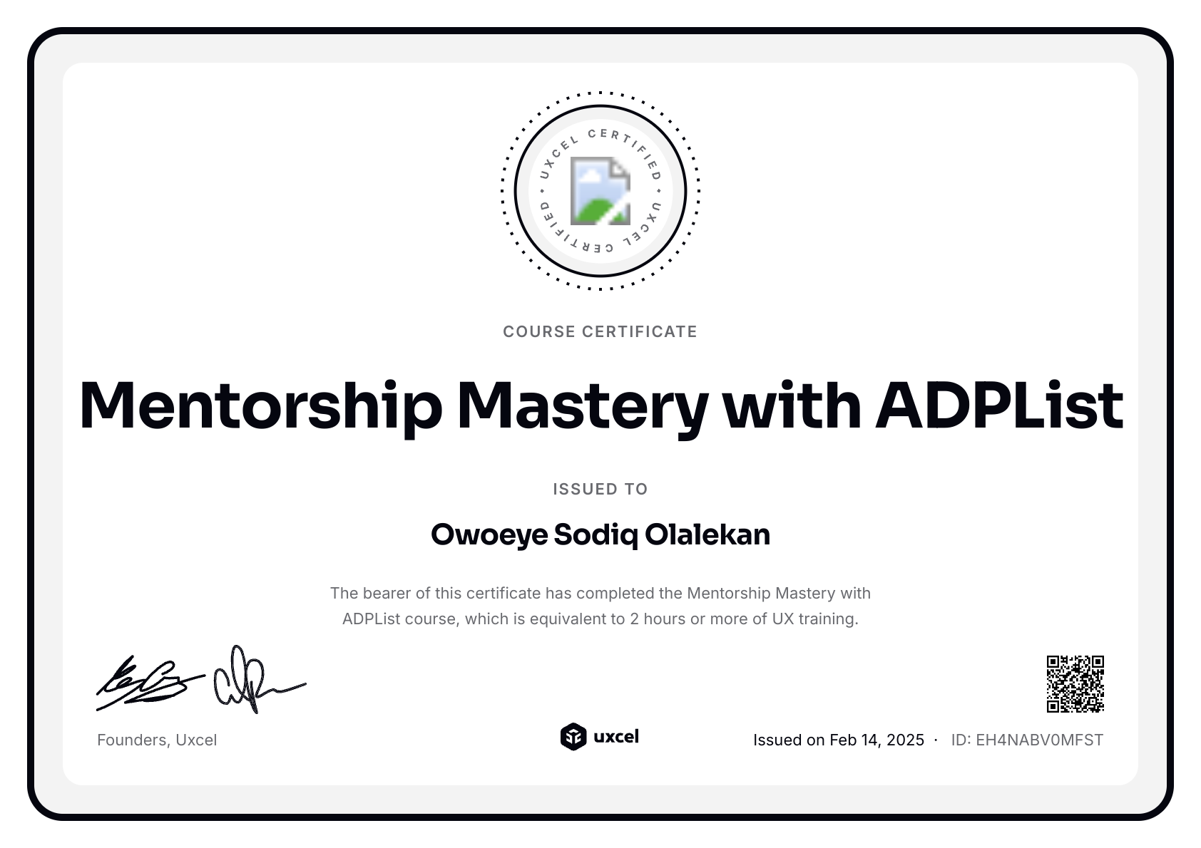 Owoeye Sodiq Olalekan's certificate